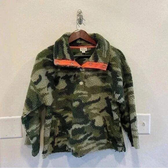 J. Crew fleece Sherpa Snap Collar pullover sweatshirt womens size medium Camo - Picture 3 of 10